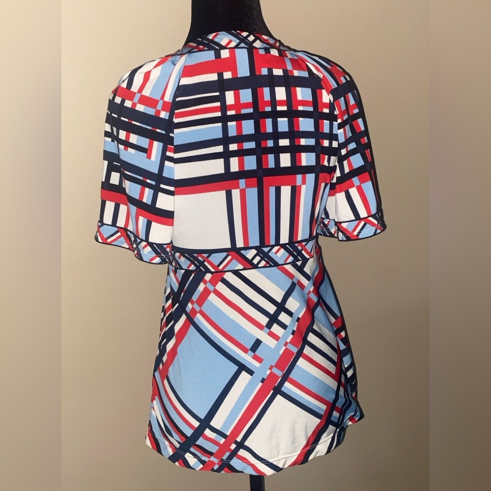 BCBG MaxAzria Multicolor Striped V-Neck Short Sleeve High Waist Blouse - Picture 2 of 4